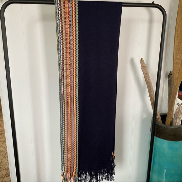 Missoni Wool Blend Knit Zigzag Designer Scarf Fringe Multicolour Blue Italy - Picture 4 of 11